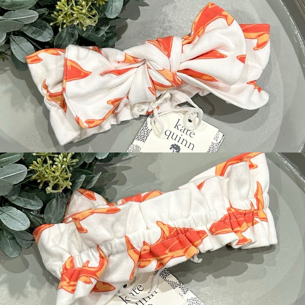 Kate Quinn Infant Large Bow Elastic Headband Woven Organic Cotton Orange Shark